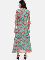 Thumbnail for Souchii Turquoise Blue & Pink Floral Print Ethnic Maxi Dress - Distacart