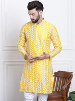Thumbnail for Sojanya Men Yellow & White Ethnic Motifs Embroidered Straight Kurta - Distacart
