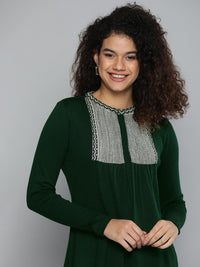 Thumbnail for HERE&NOW Women Green Yoke Design Knitted Kurta - Distacart