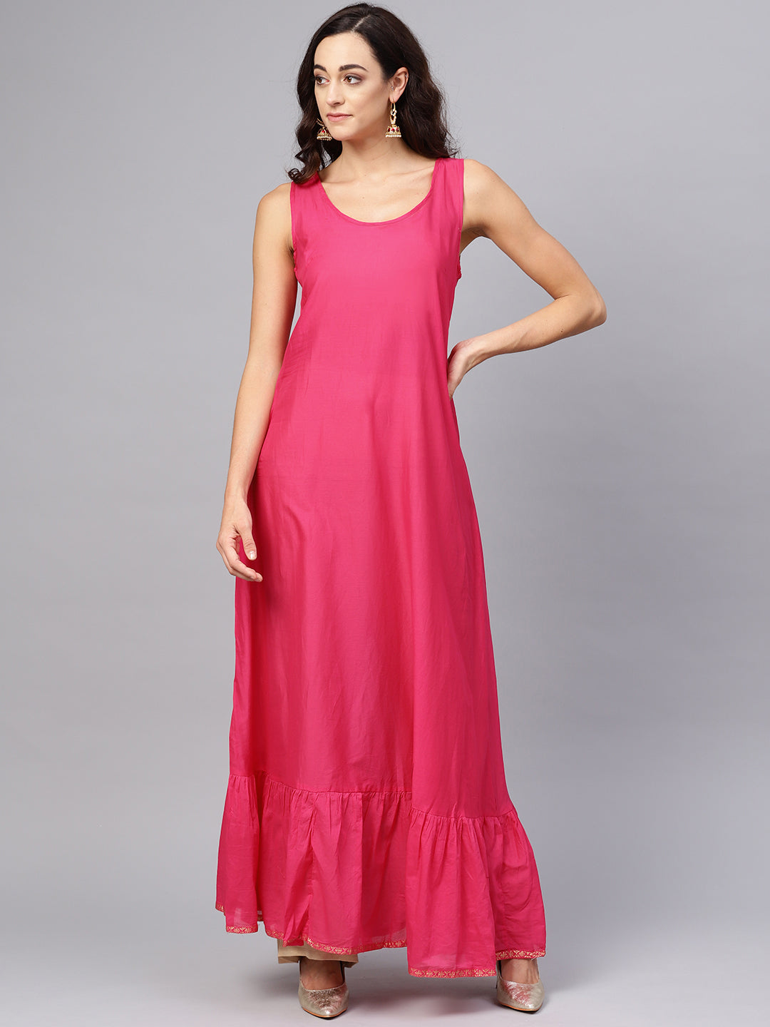 Biba Women Pink & Golden Printed Layered A-Line Kurta - Distacart