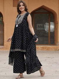 Thumbnail for Kalini Ethnic Motifs Printed Tie-Up Neck Thread Work A-Line Kurta with Sharara & Dupatta - Distacart