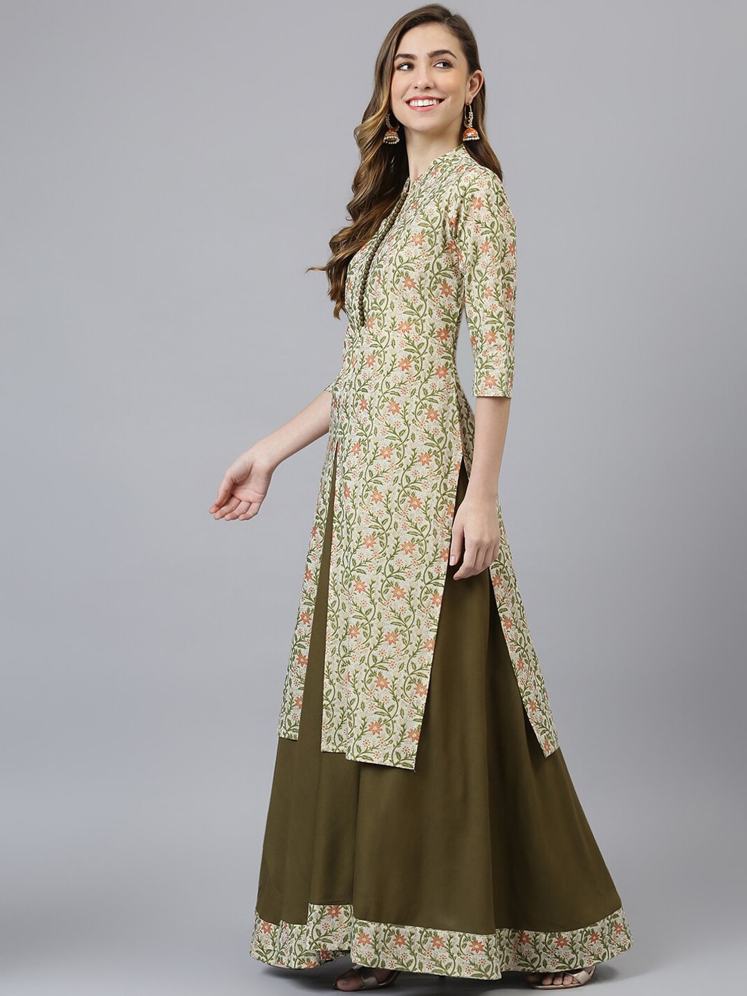 Khushal K Women Cream-Coloured Printed High Slit Kurta with Skirt - Distacart