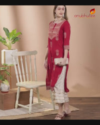 Anubhutee Maroon & White Ethnic Motifs Print Kurta with Palazzos