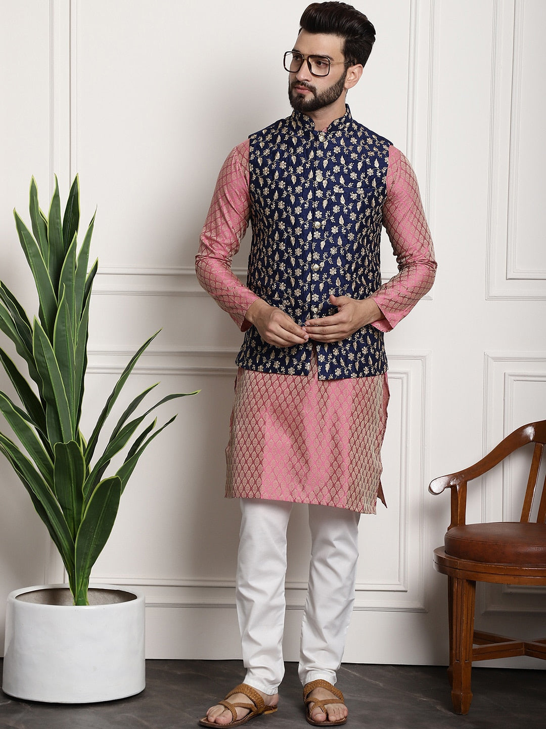 Sojanya Woven Design Mandarin Collar Kurta with Churidar & Nehru Jacket - Distacart