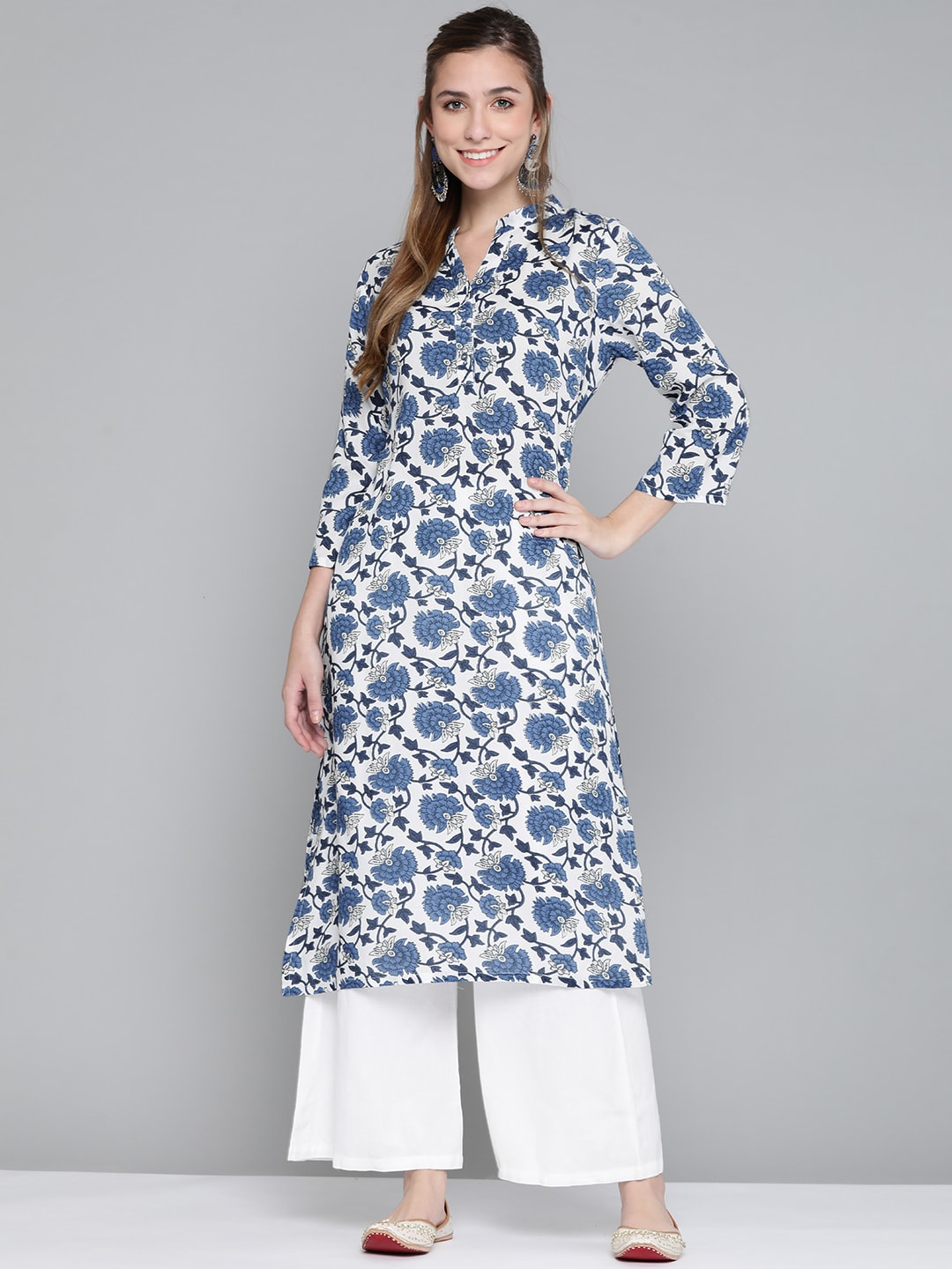 HERE&NOW Women White & Navy Blue Ethnic Motifs Printed Kurta - Distacart