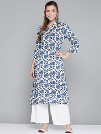 Thumbnail for HERE&NOW Women White & Navy Blue Ethnic Motifs Printed Kurta - Distacart