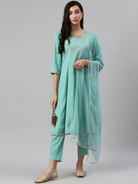 Thumbnail for Biba Women Sea Green Yoke Design Kurta with Trousers & Dupatta - Distacart