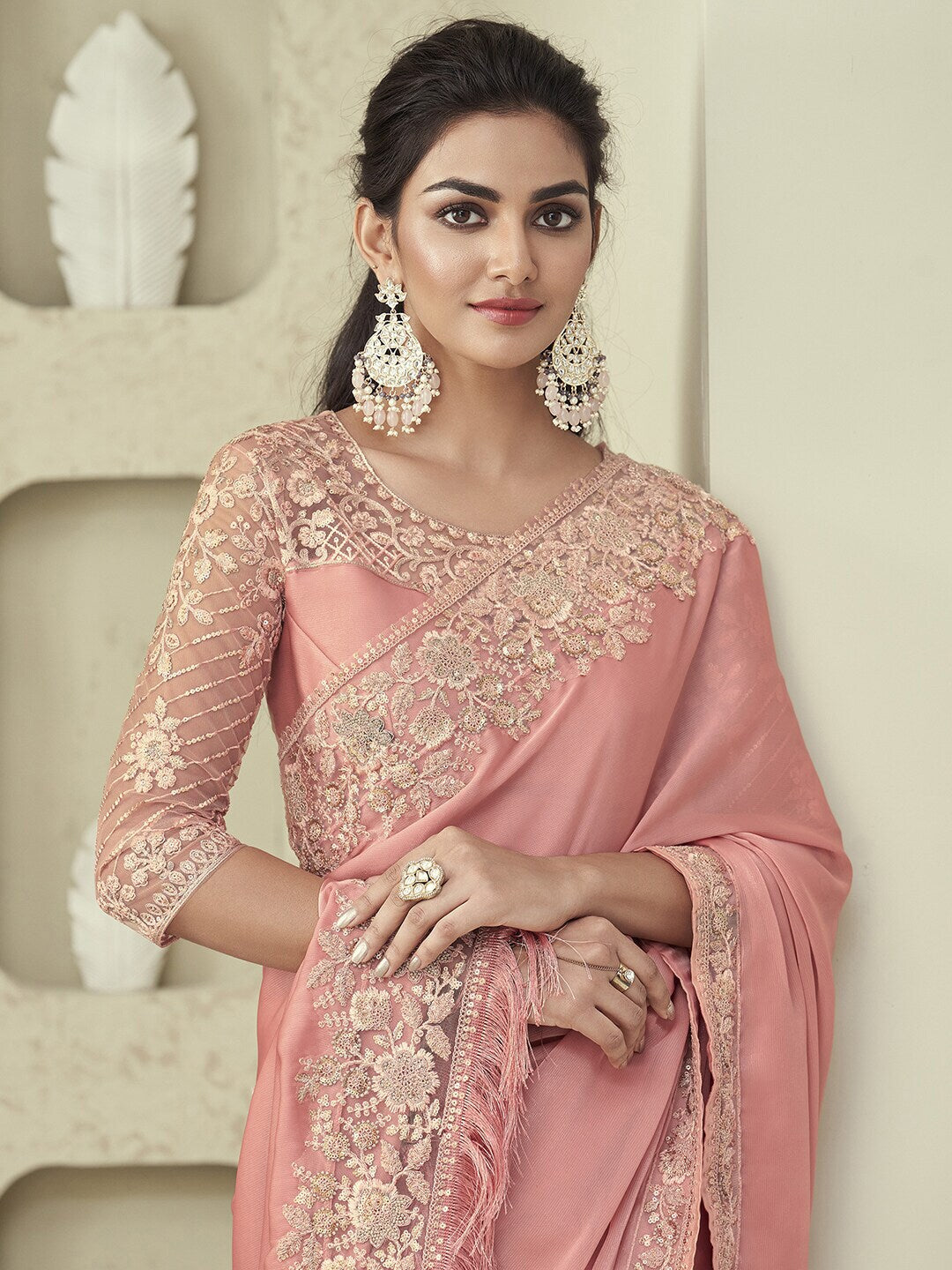 Mitera Pink & Gold-Toned Embroidered Pure Georgette Saree - Distacart