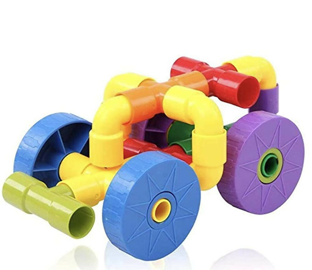 Kipa 150 Pieces Pipe Puzzle with Storage Container, Educational & Intellectual Playing Model Construction Blocks with Rolling Wheelbase - Distacart