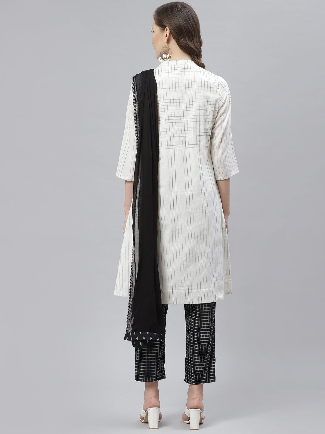 Biba Women White & Black Striped Kurta with Trousers & Dupatta - Distacart