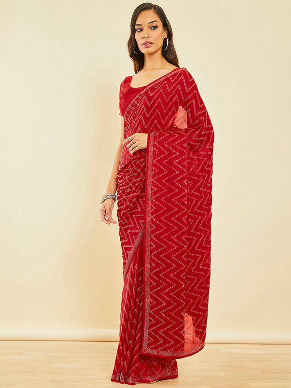 Soch Red Embellished Beads and Stones Saree - Distacart