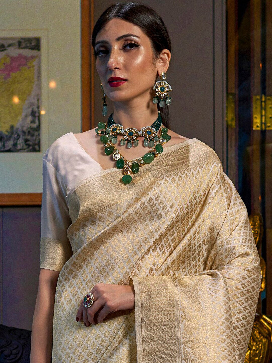 Mitera Cream-Coloured & Gold-Toned Ethnic Motifs Zari Silk Blend Kanjeevaram Saree - Distacart
