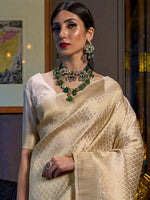 Thumbnail for Mitera Cream-Coloured & Gold-Toned Ethnic Motifs Zari Silk Blend Kanjeevaram Saree - Distacart