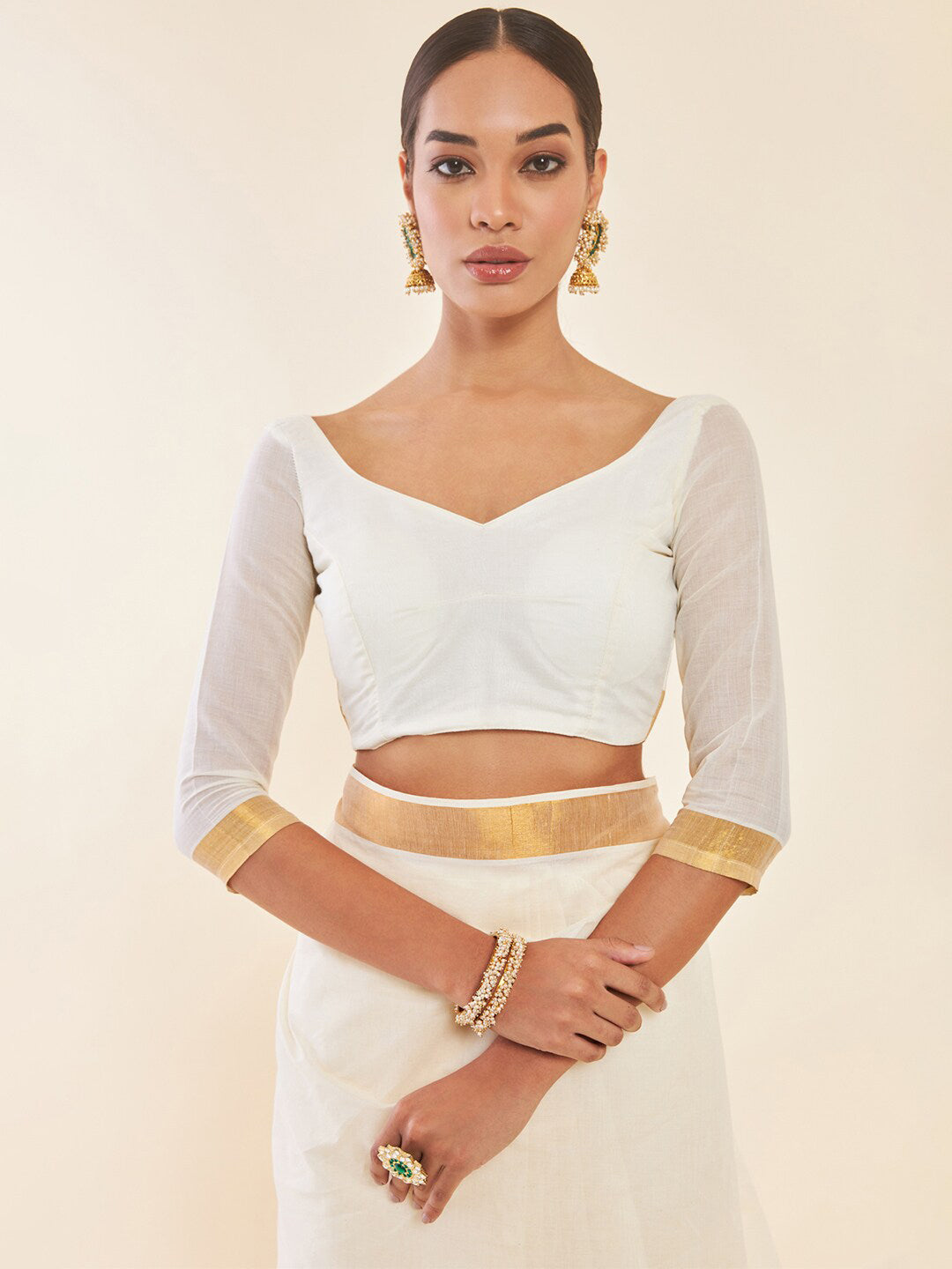 Soch Off-White & Gold Zari Pure Cotton Kasavu Saree - Distacart