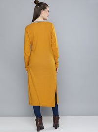 Thumbnail for HERE&NOW Women Mustard Yellow & White Geometric Yoke Design Acrylic Winter Kurta - Distacart