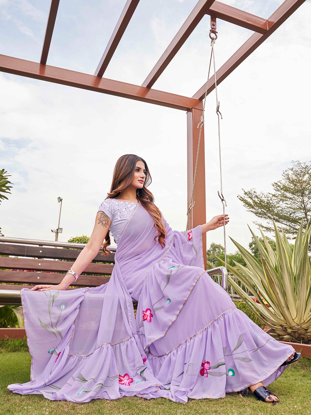 Tikhi Imli Printed Ruffle Saree With Mirror Embroidered Work Blouse - Distacart