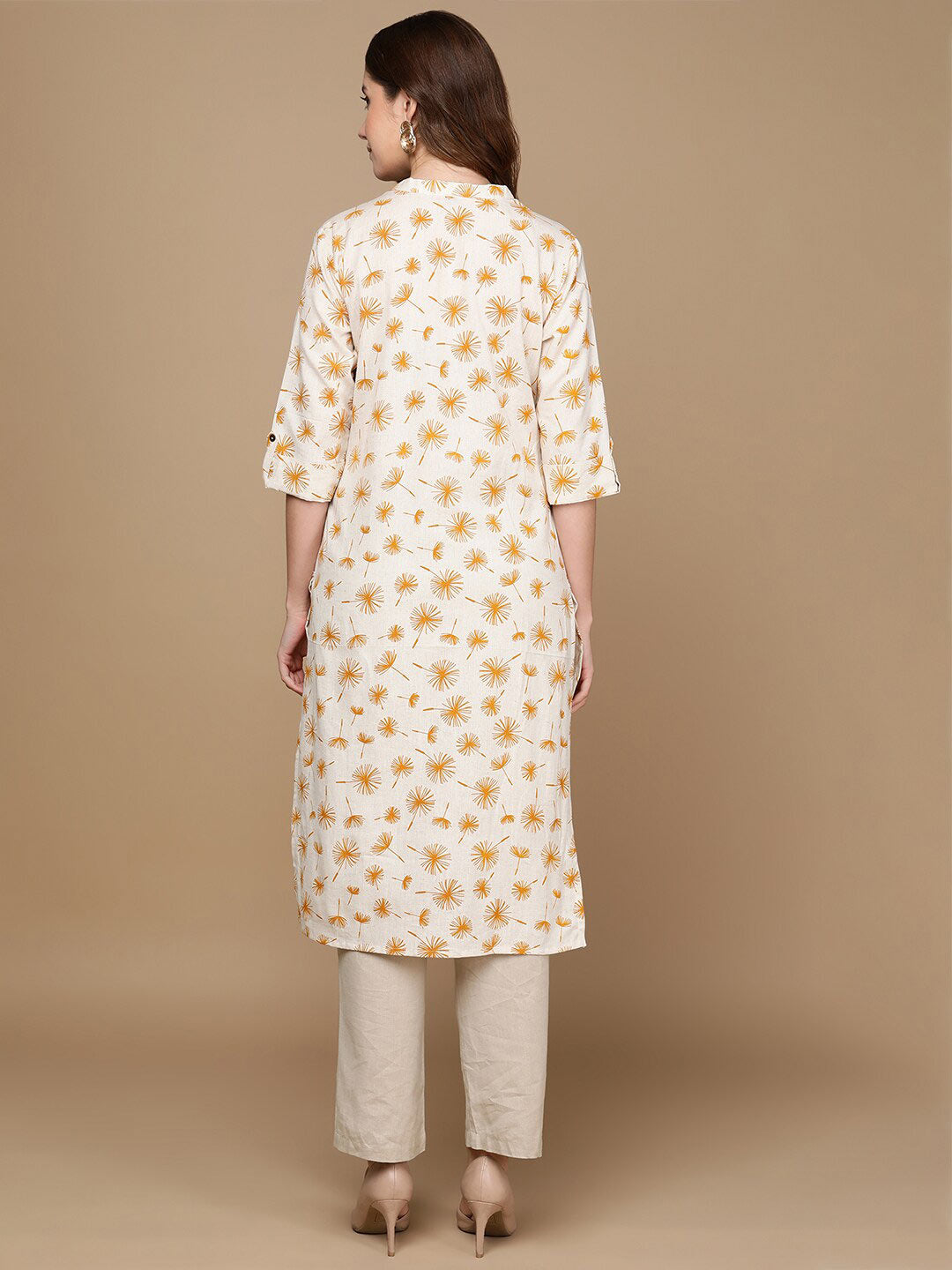 HERE&NOW Off White & Mustard Yellow Floral Printed Thread Work Sequinned Cotton Kurta - Distacart