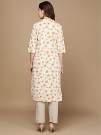 Thumbnail for HERE&NOW Off White & Mustard Yellow Floral Printed Thread Work Sequinned Cotton Kurta - Distacart