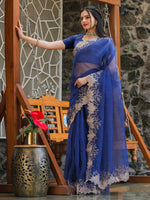 Thumbnail for Tikhi Imli Blue Embroidered Organza Saree - Distacart