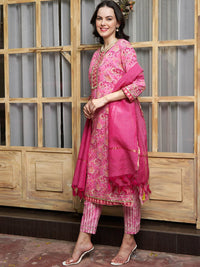 Thumbnail for Sangria Pink Ethnic Motifs Printed Pure Cotton Kurta Set - Distacart