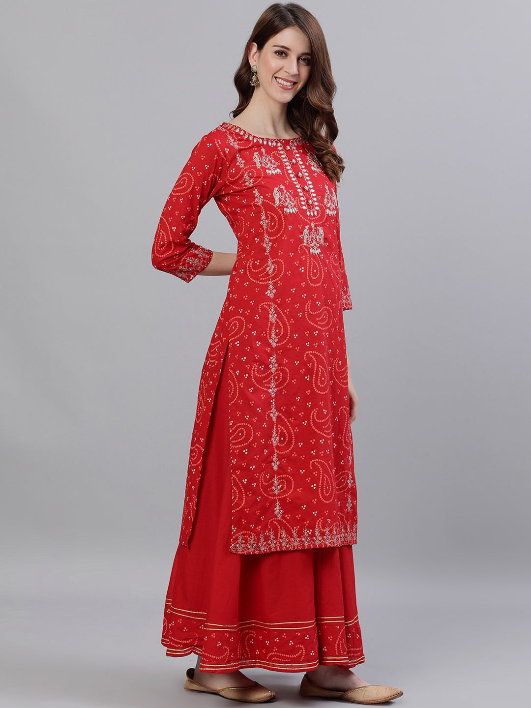Ishin Women Red Embroidered Kurta with Sharara & Dupatta - Distacart