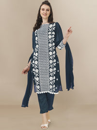 Thumbnail for HERE&NOW Floral Embroidered Chikankari Kurta with Trousers & Dupatta - Distacart