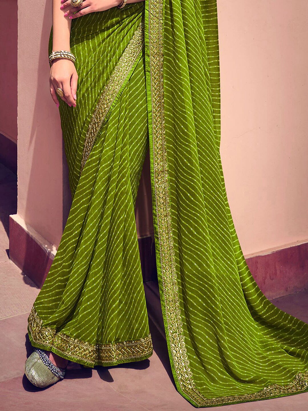 Mitera Green & White Leheriya Printed Embroidered Poly Georgette Leheriya Saree - Distacart