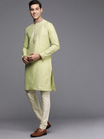 Thumbnail for Manyavar Men Green & Off-White Solid Kurta & Churidar with Nehru Jacket - Distacart