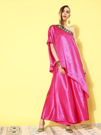 Thumbnail for InWeave Women's Pink Green Brocade Satin Oneshoulder Kurta Set - Distacart