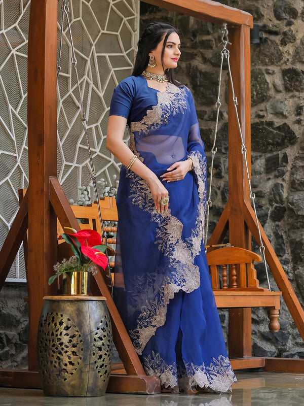 Tikhi Imli Blue Embroidered Organza Saree - Distacart