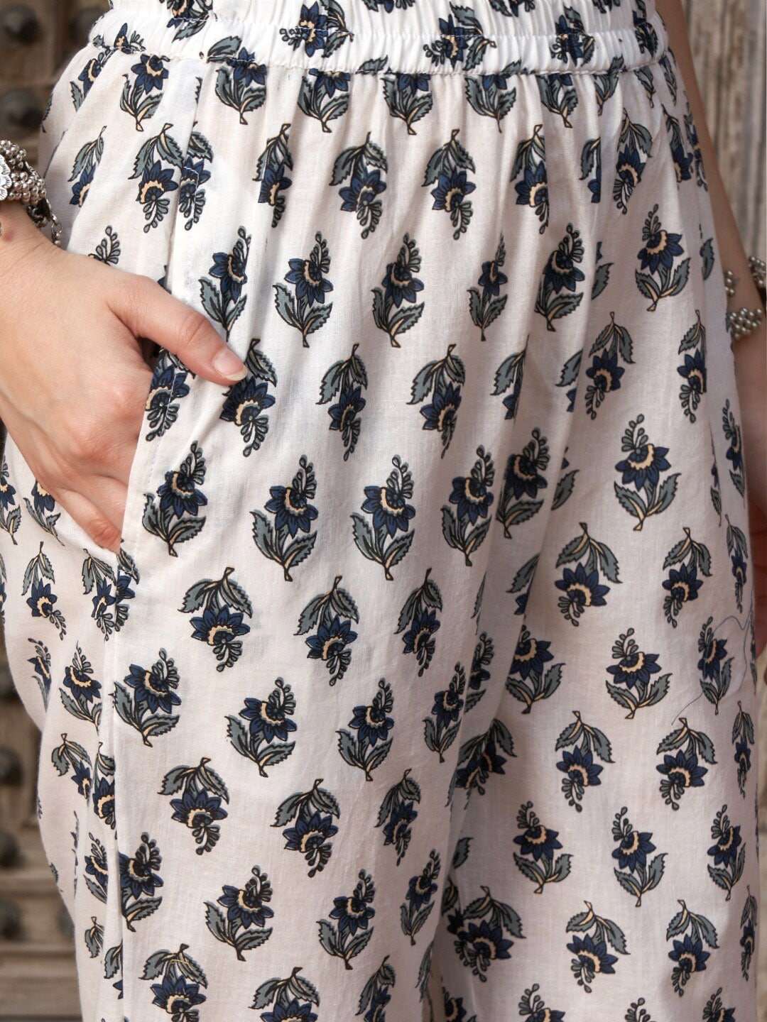 Sangria Navy Blue Floral Printed Pure Cotton Anarkali Kurta With Trouser & Dupatta - Distacart