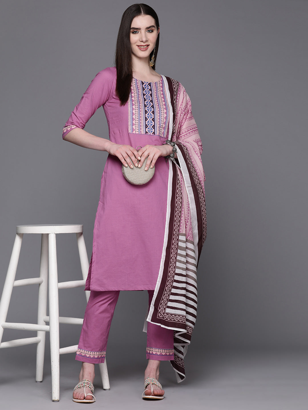 Biba Women Cotton Yoke Design Regular Kurta with Trousers & Dupatta - Distacart