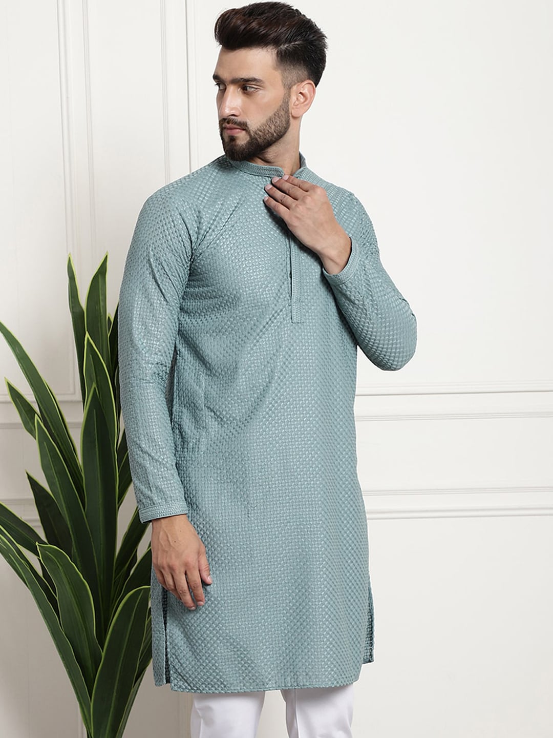 Sojanya Woven Design Mandarin Collar Straight Cotton Kurta - Distacart