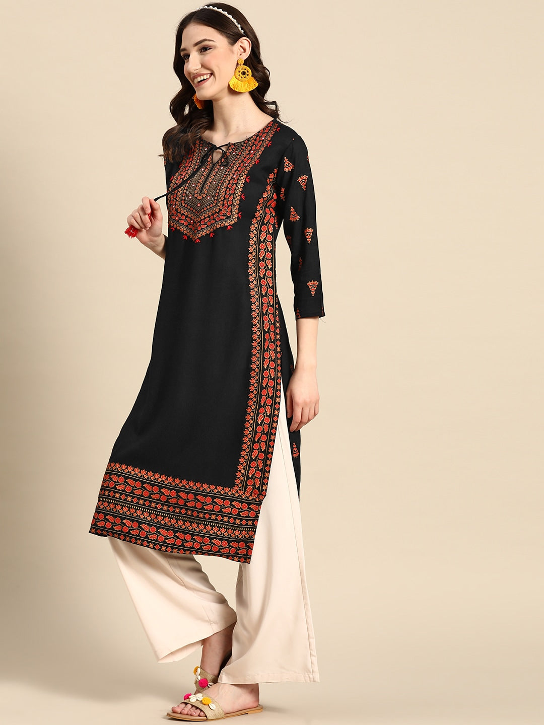 Sangria Floral Yoke Printed Mirror Work Kurta - Distacart