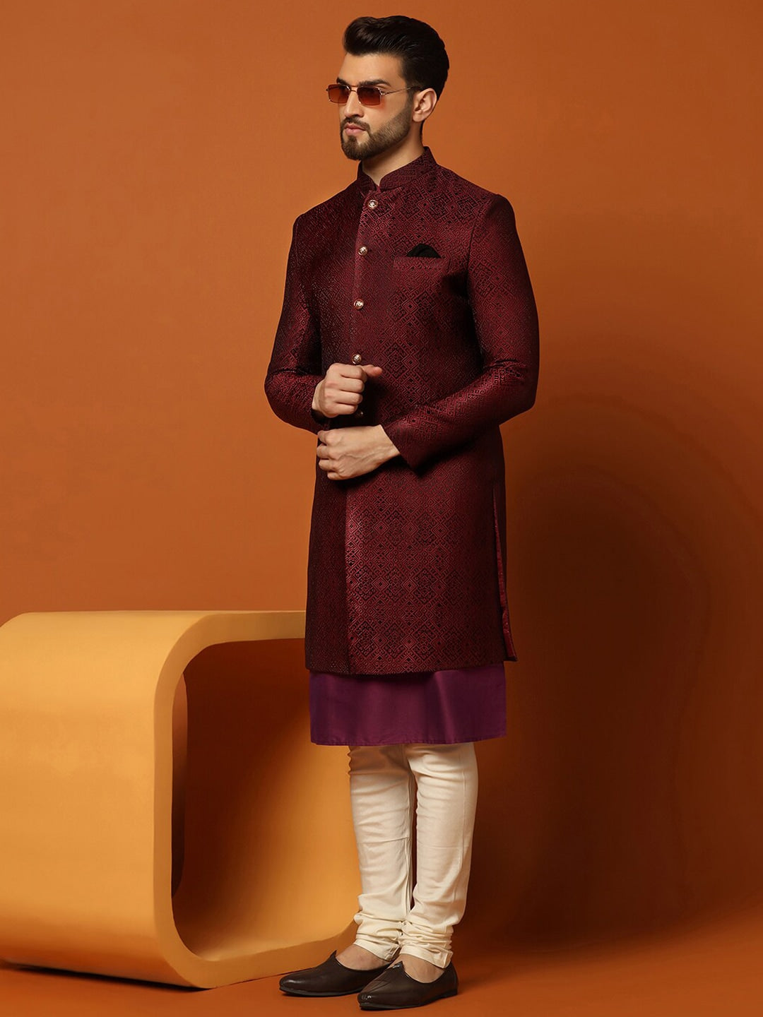 KISAH Self-Design Cotton Sherwani Set - Distacart