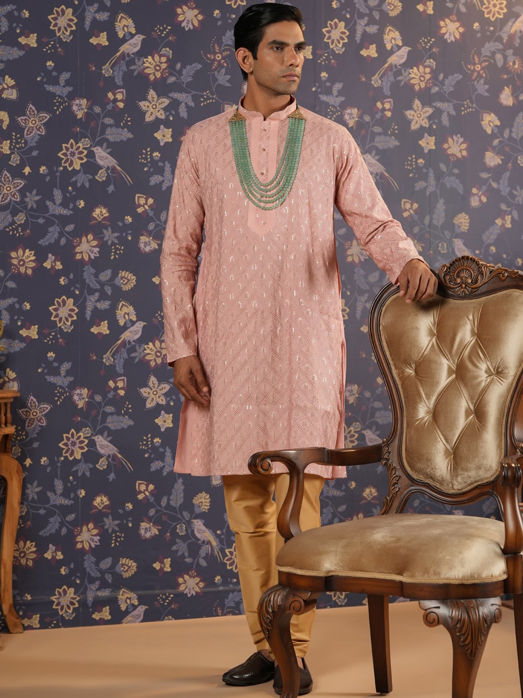 House of Pataudi Ethnic Motifs Embroidered Mandarin Collar Straight Kurta With Churidar - Distacart