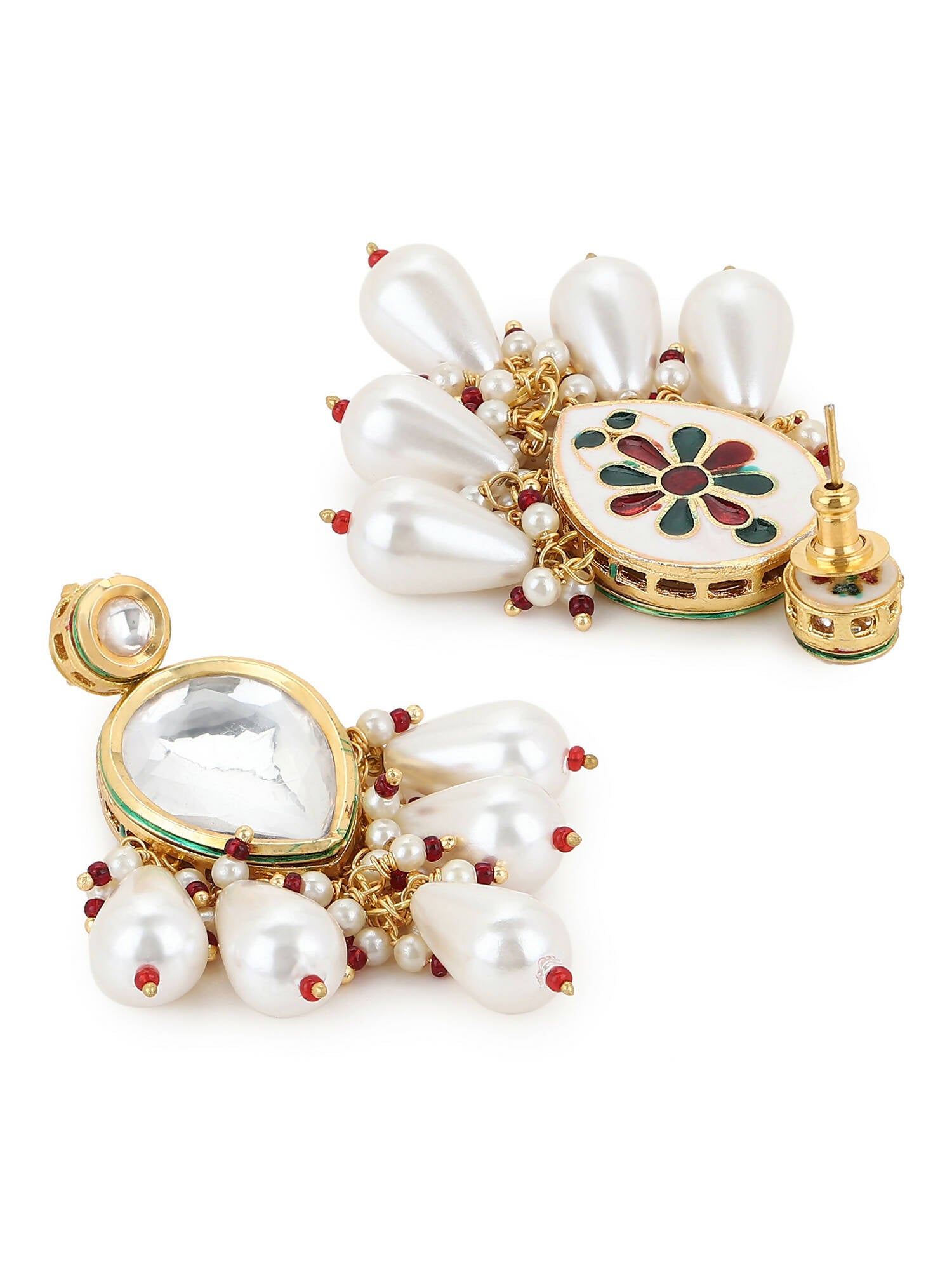 Gold-Toned White Kundan Contemporary Gold-Plated Drop Earrings - Ruby Raang - Distacart