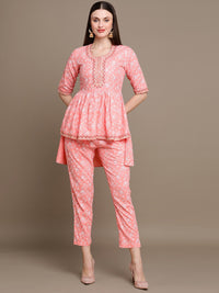 Thumbnail for HERE&NOW Floral Printed Embroidered Sequinned High-Low Kurti with Trouserss - Distacart
