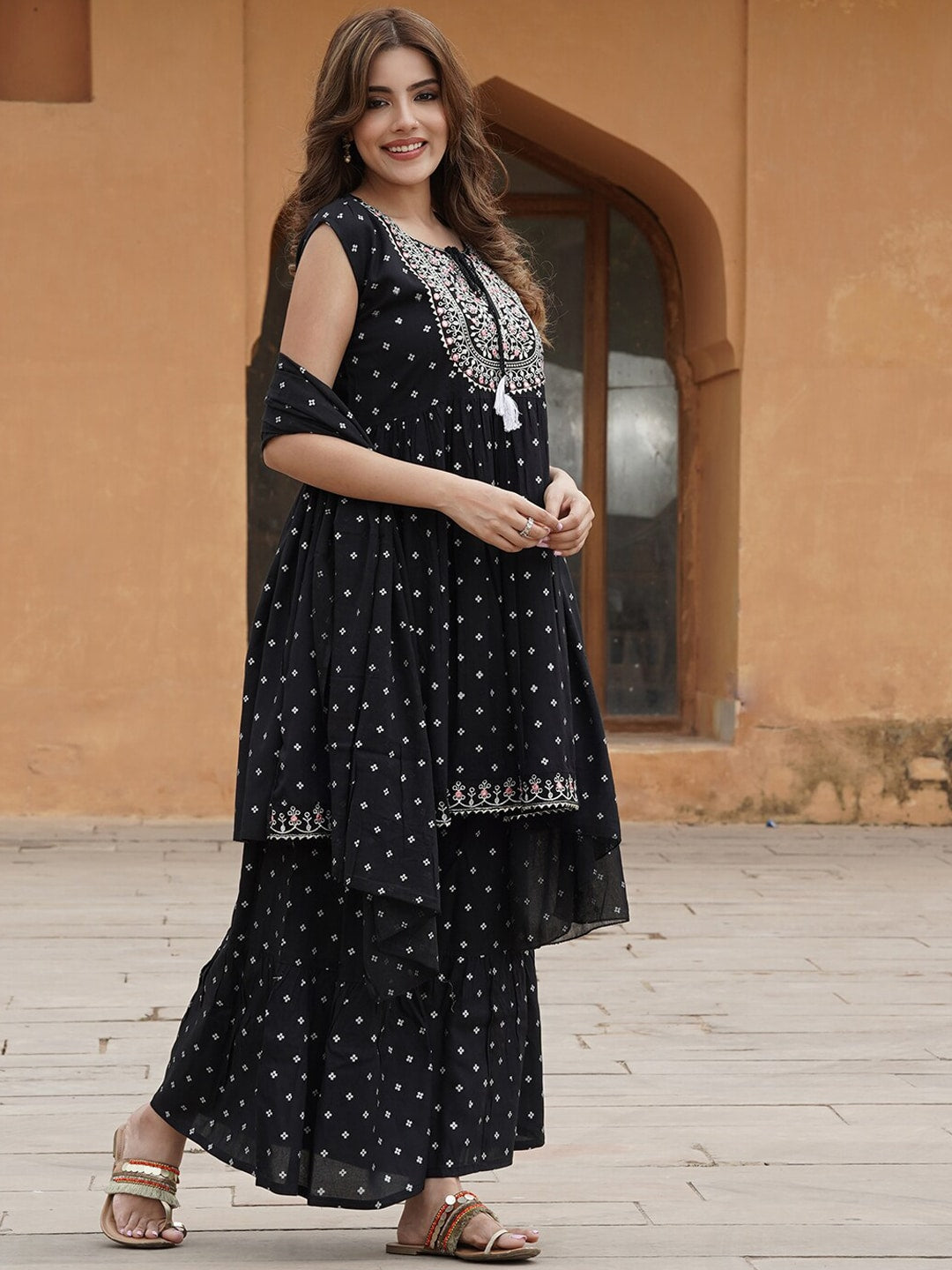 Kalini Ethnic Motifs Printed Tie-Up Neck Thread Work A-Line Kurta with Sharara & Dupatta - Distacart