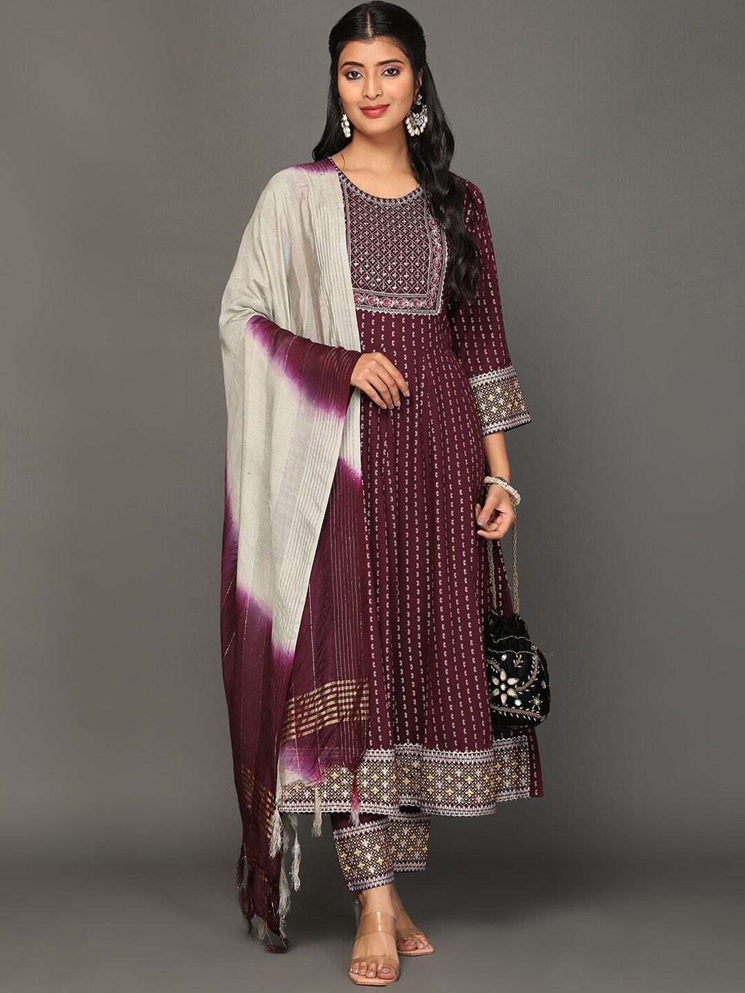 NOZ2TOZ Women's Floral Embroidered Zari Sequined Anarkali Kurta with Trousers & Dupatta - Distacart