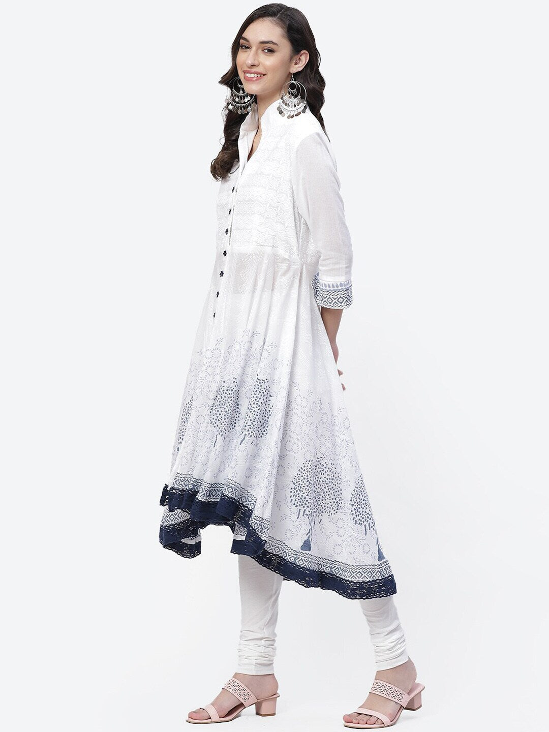 Biba Women White Ethnic Motifs Embroidered Pleated Thread Work Pure Cotton Kurta with Churidar & With Dupatta - Distacart