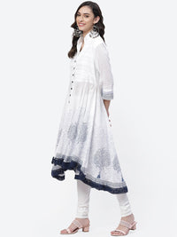 Thumbnail for Biba Women White Ethnic Motifs Embroidered Pleated Thread Work Pure Cotton Kurta with Churidar & With Dupatta - Distacart