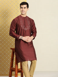 Thumbnail for House of Pataudi Men Maroon Floral Yoke Design Jashn Kurta - Distacart