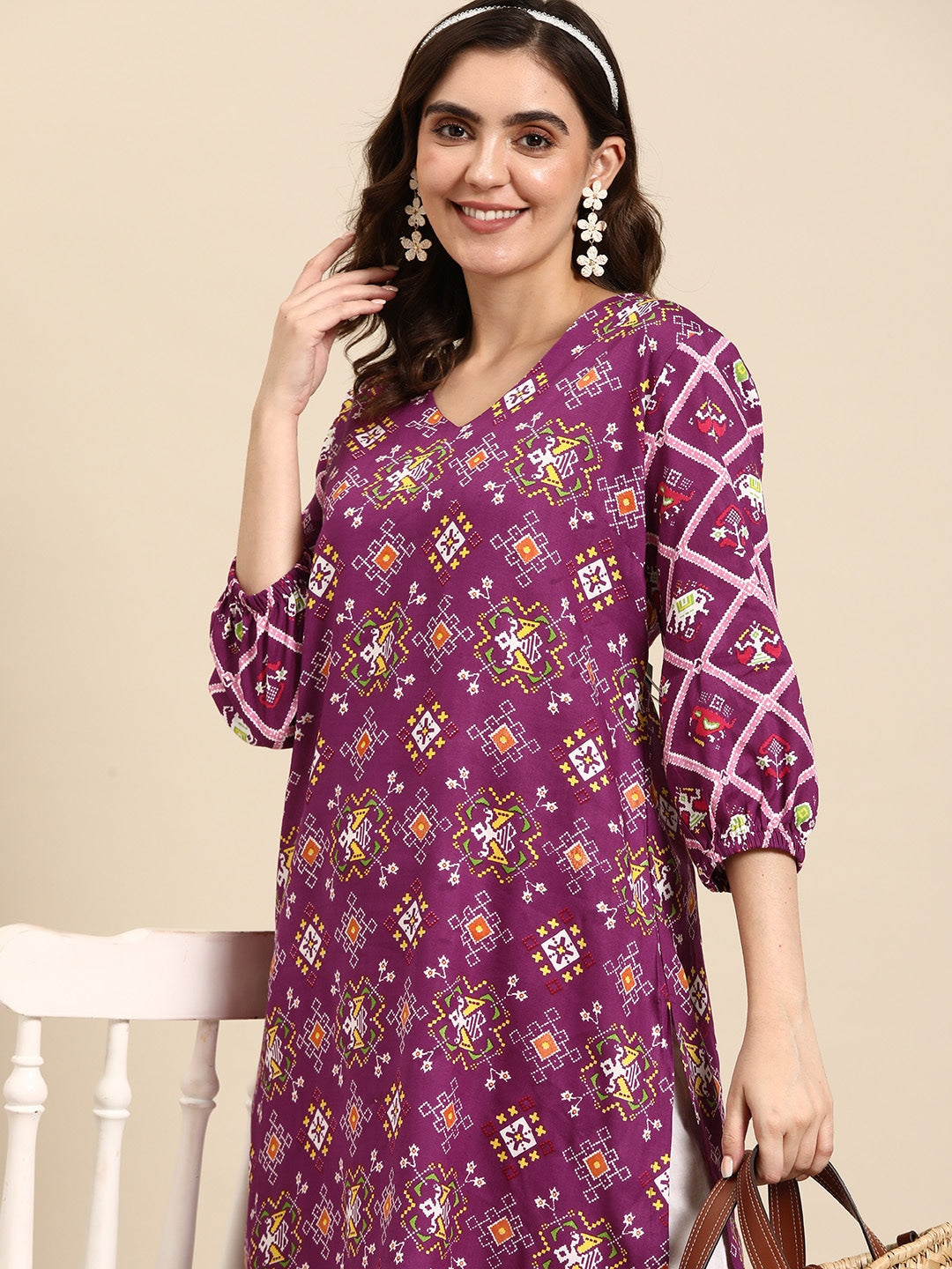 Sangria Ethnic Motifs Printed V-neck Puff Sleeves Kurta - Distacart