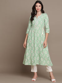Thumbnail for HERE&NOW Embroidered Ethnic Motif Printed Notched Neck A-Line Kurta - Distacart