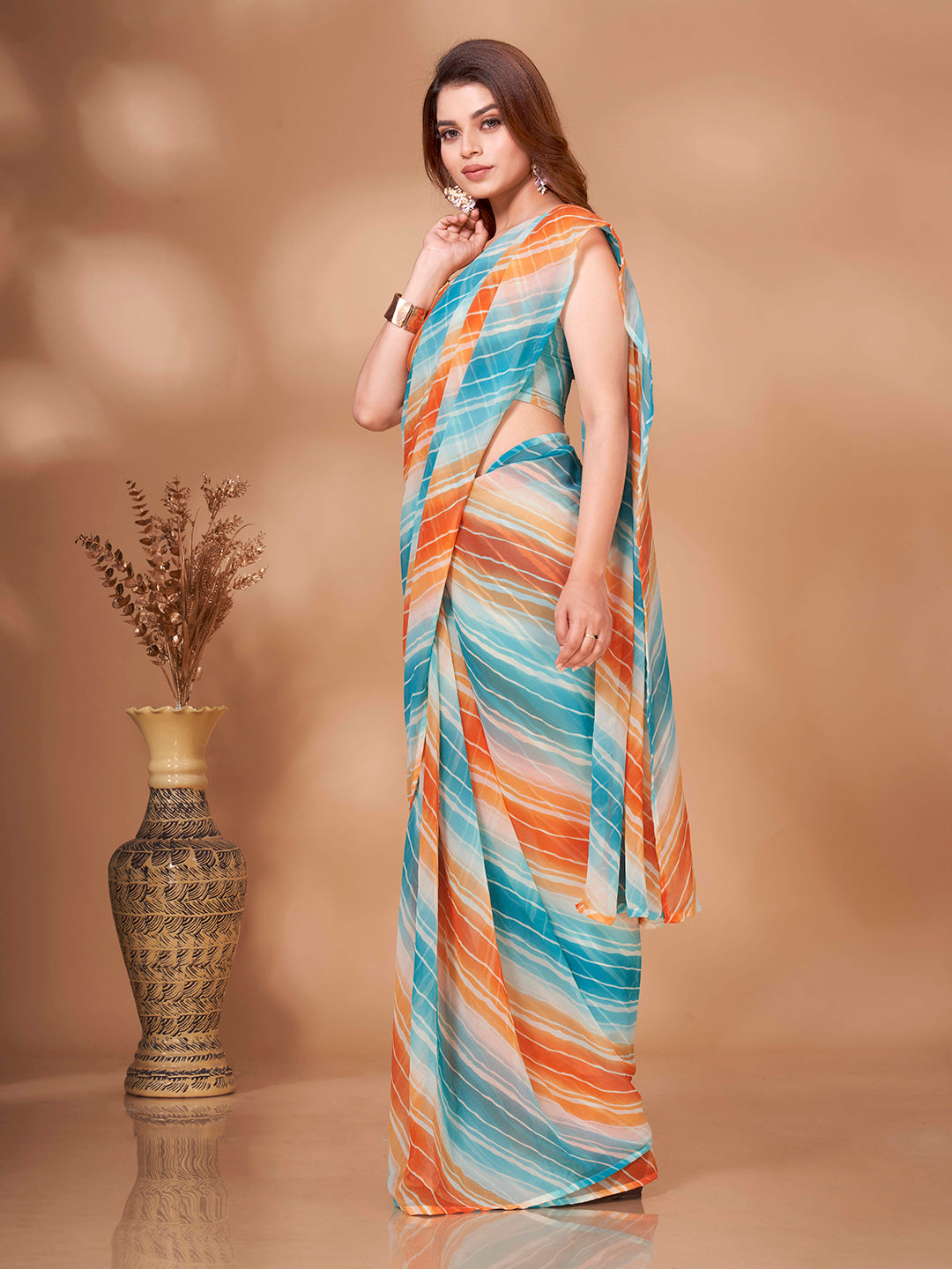 Tikhi Imli Striped Georgette Leheriya Ready to Wear Saree - Distacart