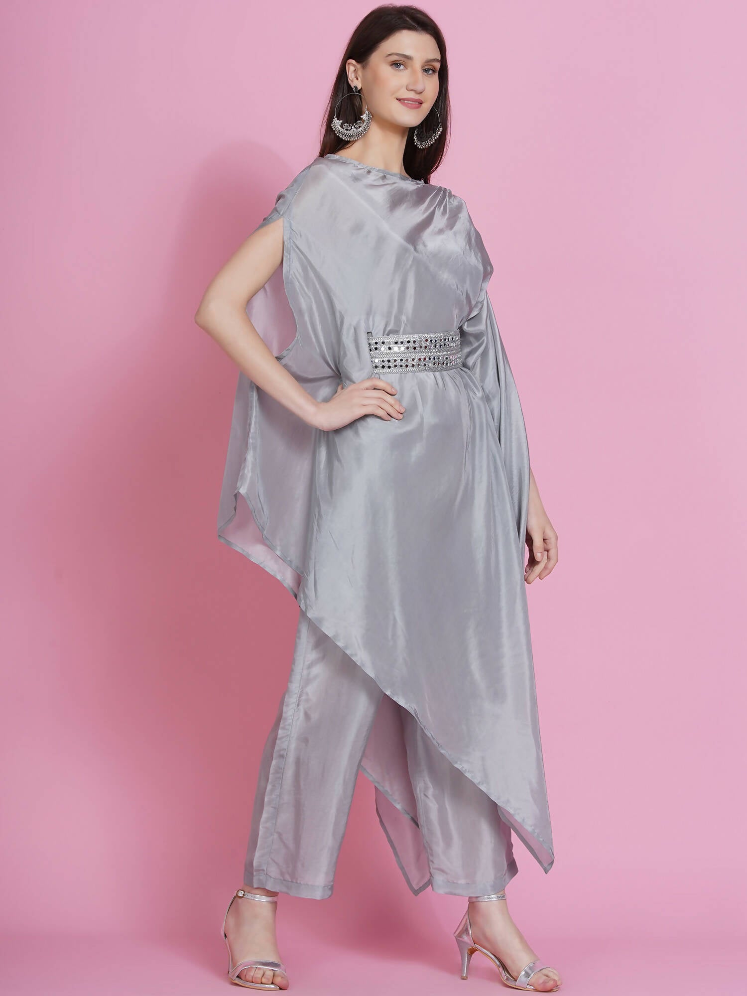 Women Republic Grey Opara Silk Kurta With Belt And Palazzo - Distacart