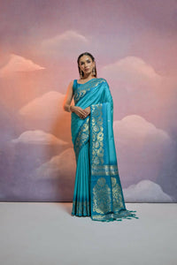 Thumbnail for Vishnu Weaves Women's Firozi Soft Silk Zari Woven Saree with Blouse - Distacart