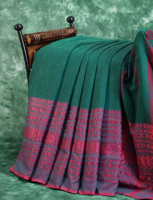 Bottle Green And Pink Colour Contrast Thread Border Khadi Cotton Saree By Gayathri Reddy Designer Studio - Distacart