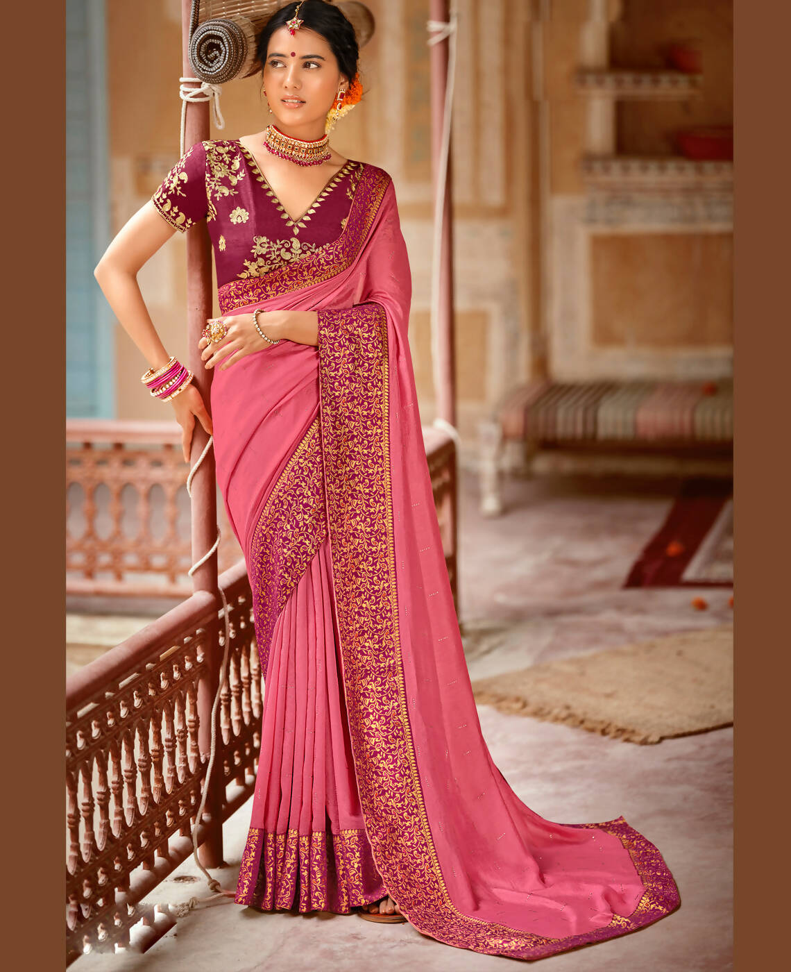 Pink Vichitra Stone Work Saree With Unstitched Blouse Piece - Rosy - Distacart